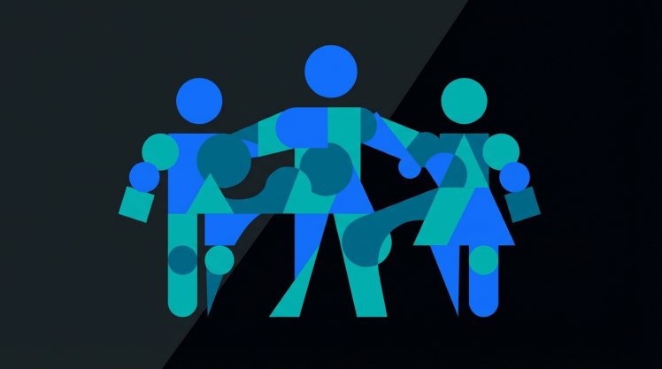 A minimalist, geometric illustration of three abstract human figures merging into one on a dark background, with teal and electric blue accents.